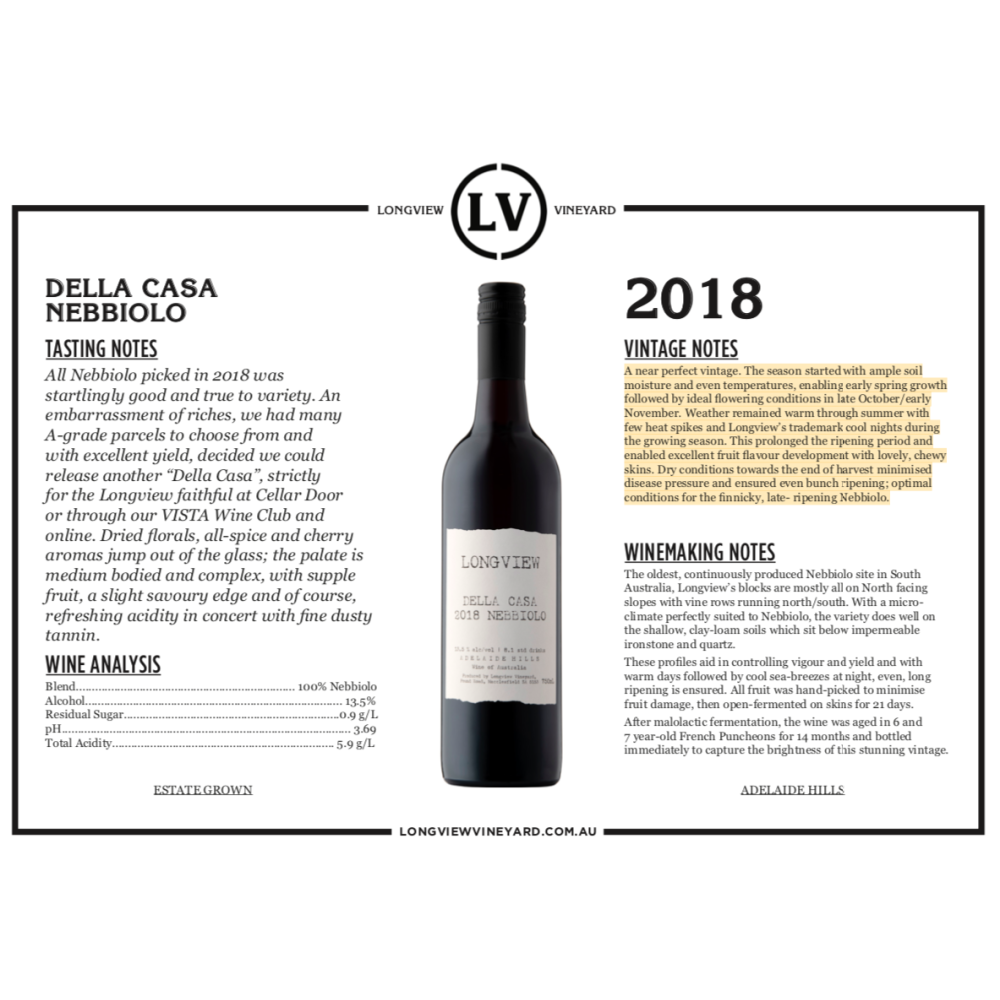 Longview Della Casa Nebbiolo 2018